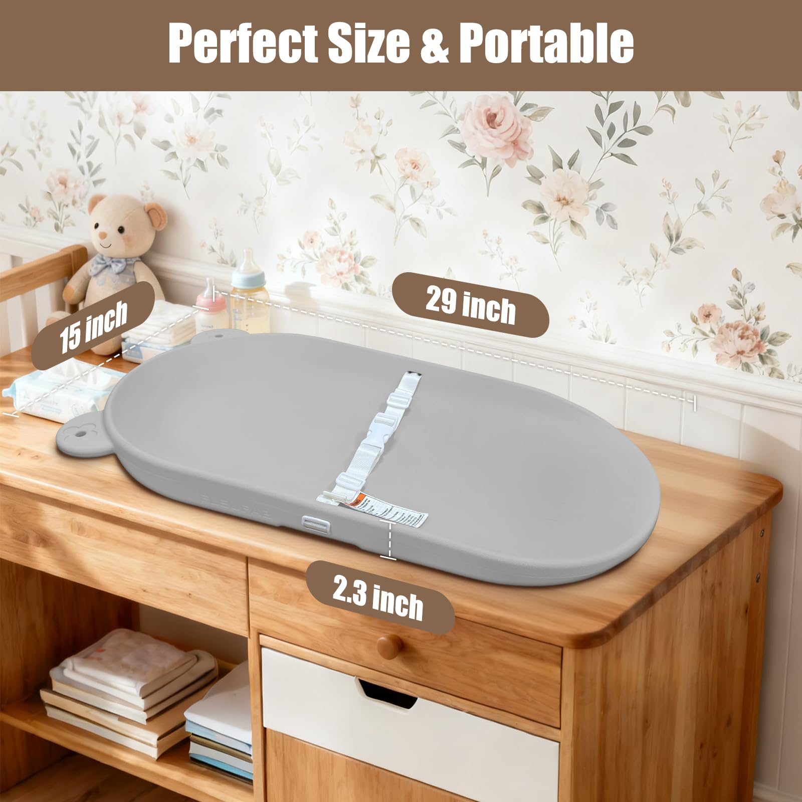 FLEUFAB changing pad showing dimensions 29x15 for spacious newborn care.