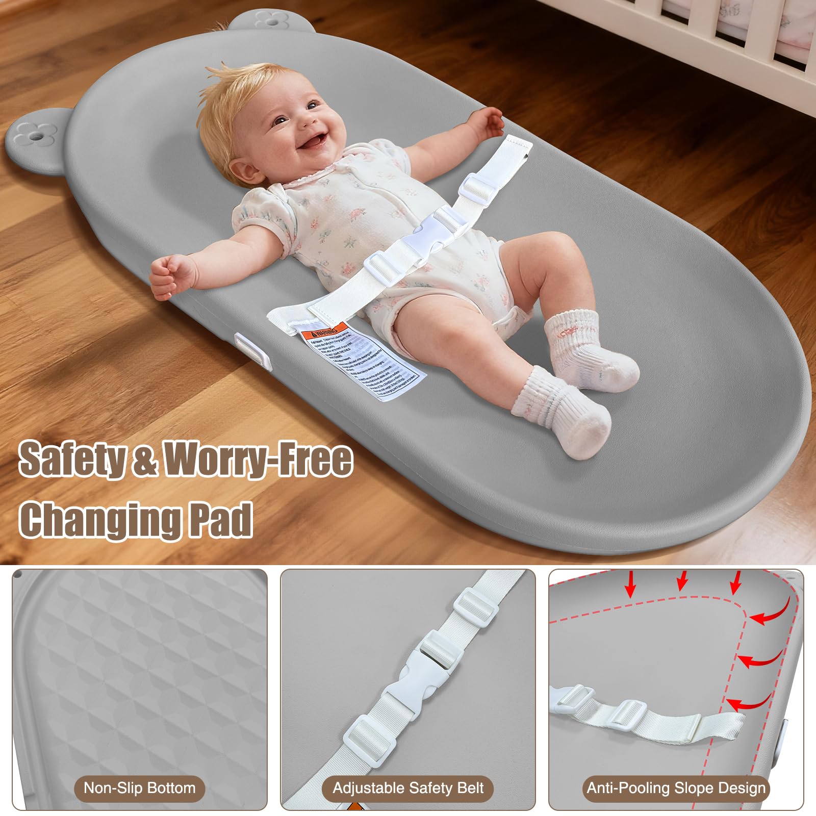FLEUFAB changing pad with non-slip bottom for stable diaper changes.