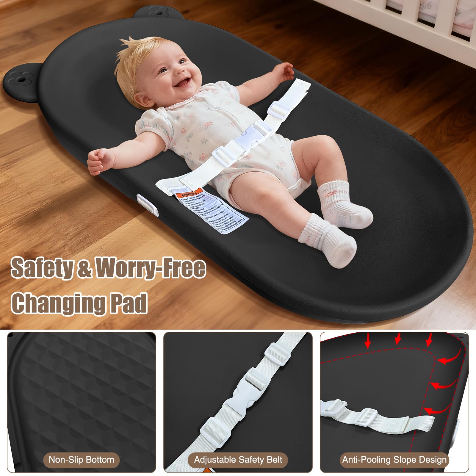 FLEUFAB changing pad safety belt close-up during diaper changes
