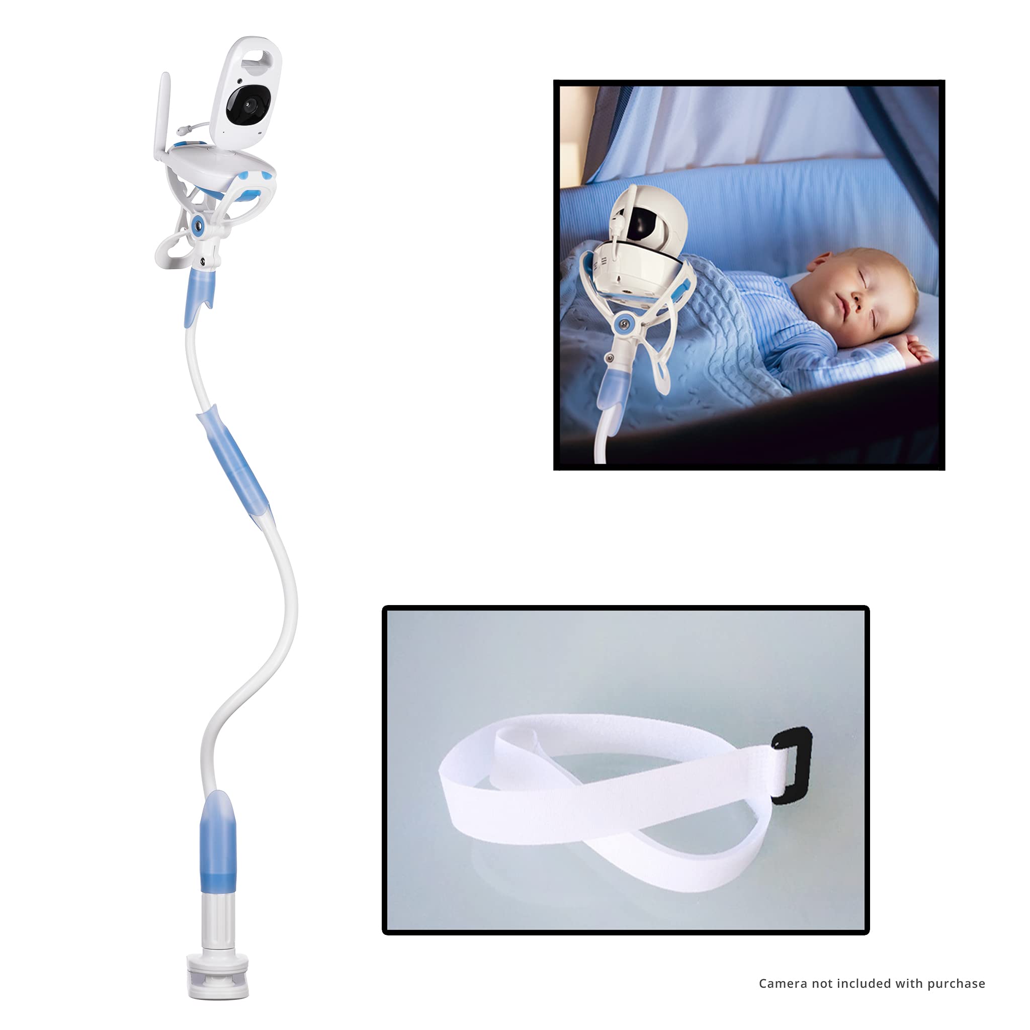FlexxiCam universal holder clip closeup shows secure, adjustable mounting for clear baby view.