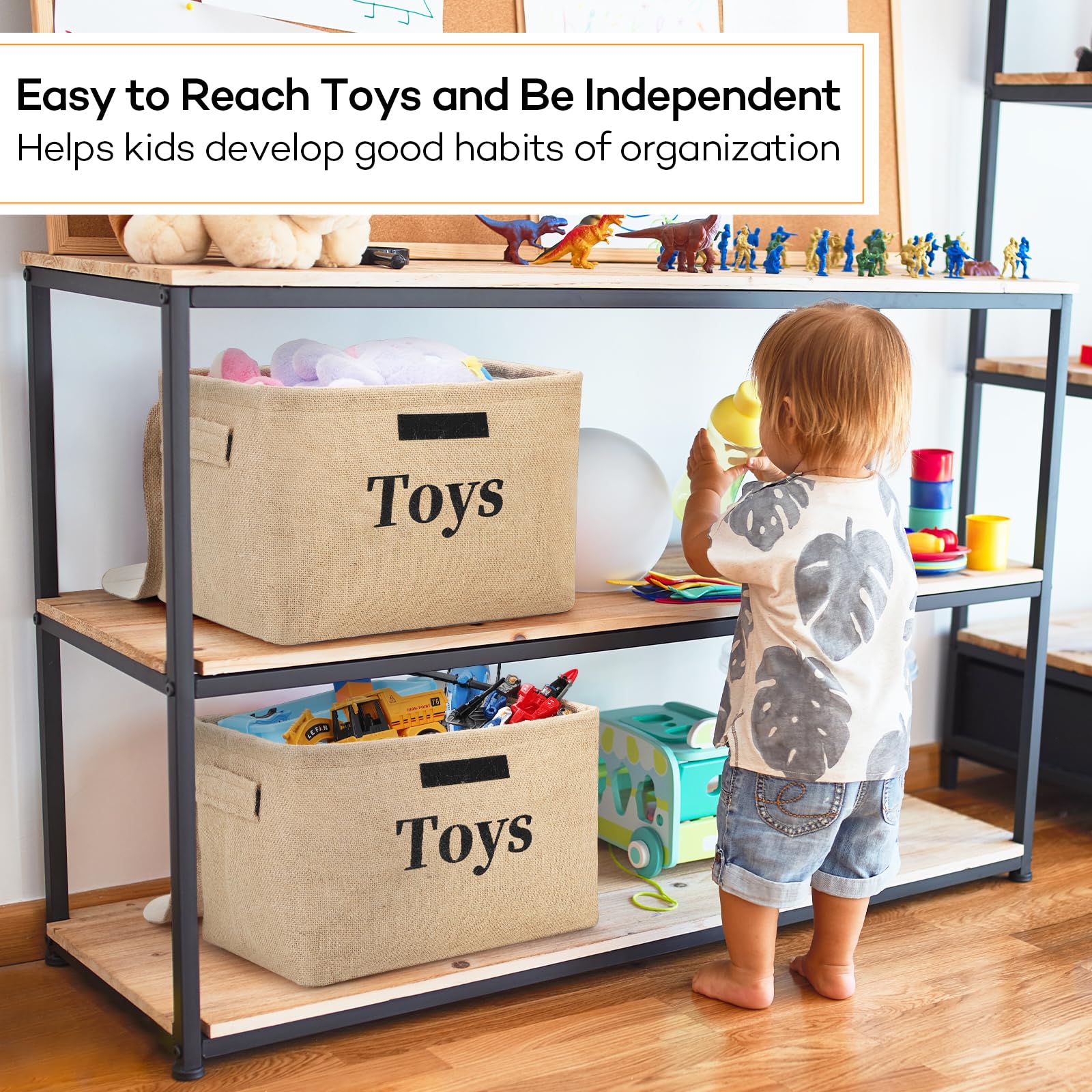 FLINKYE toy storage baskets on shelf offer easy toy access.