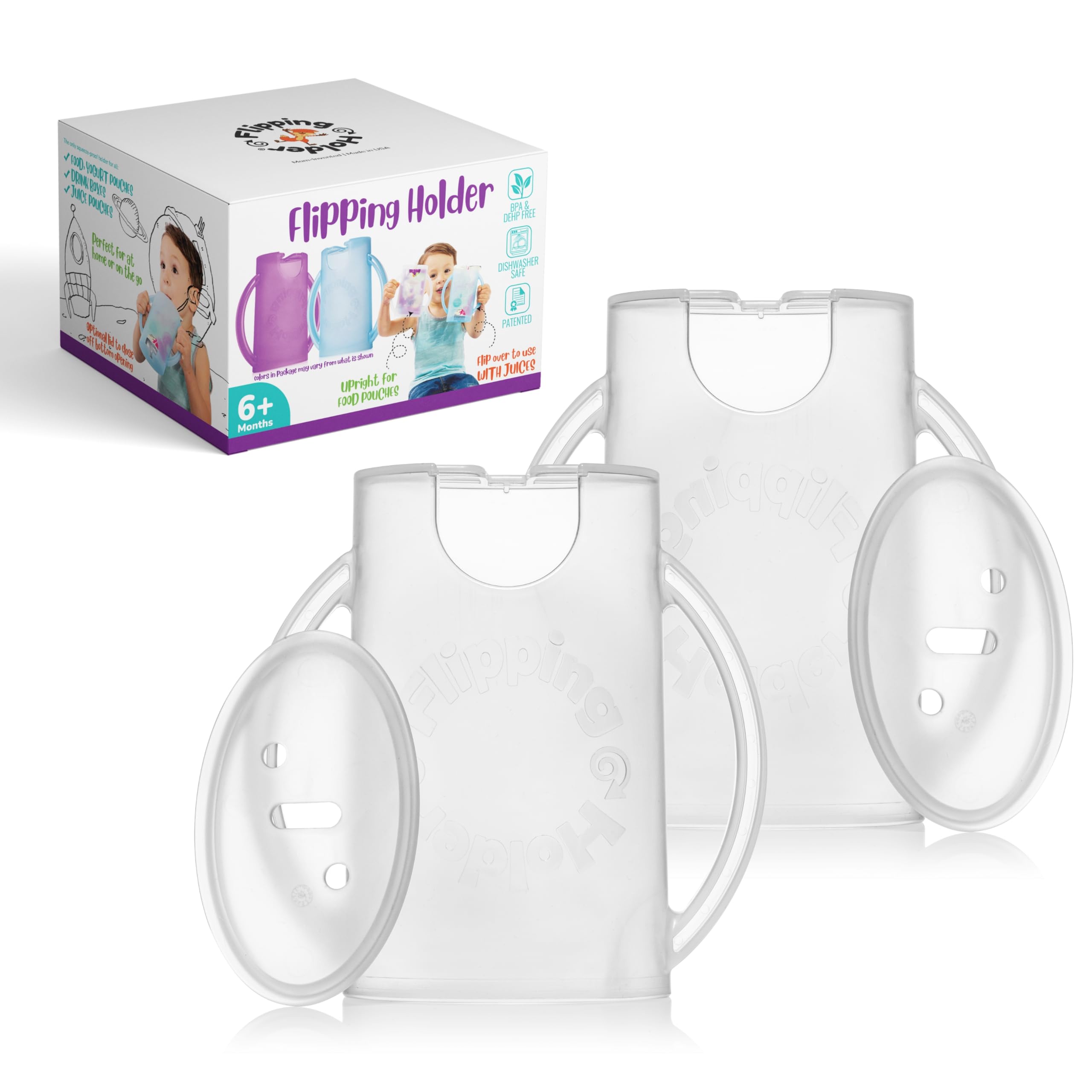 Flipping Holder 2-in-1 pouch-juice holder demonstrates compact, mess-free on-the-go snacking.