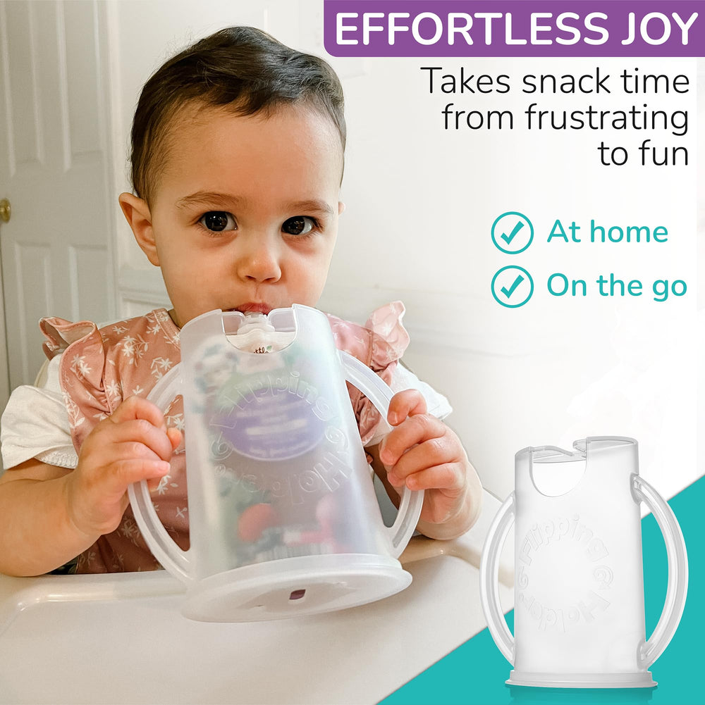 Flipping Holder juice-box upright-stand showing versatile use for various snacks.