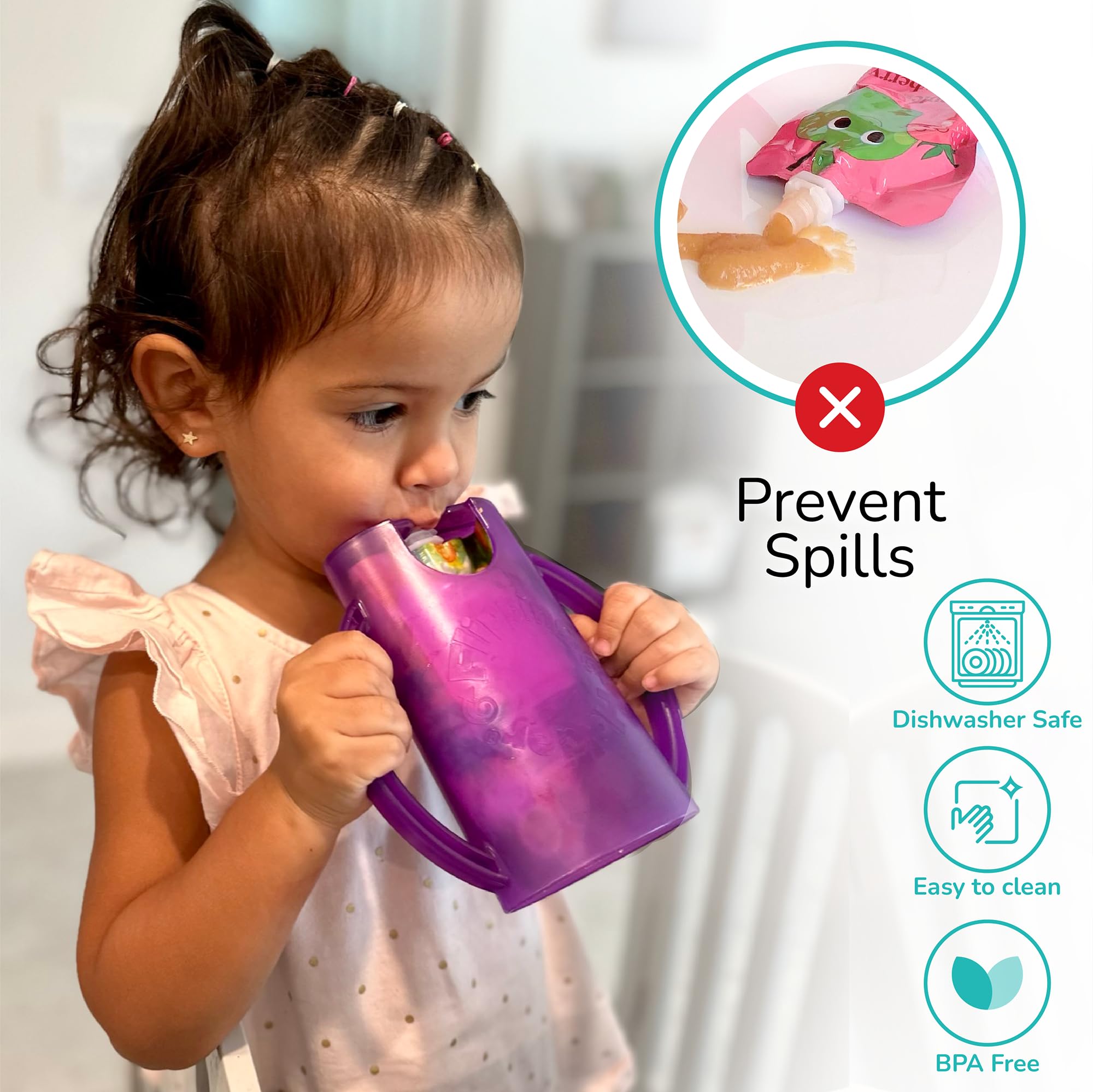 Flipping Holder universal-fit-lid visual indicating compatibility with pouches and juice boxes.