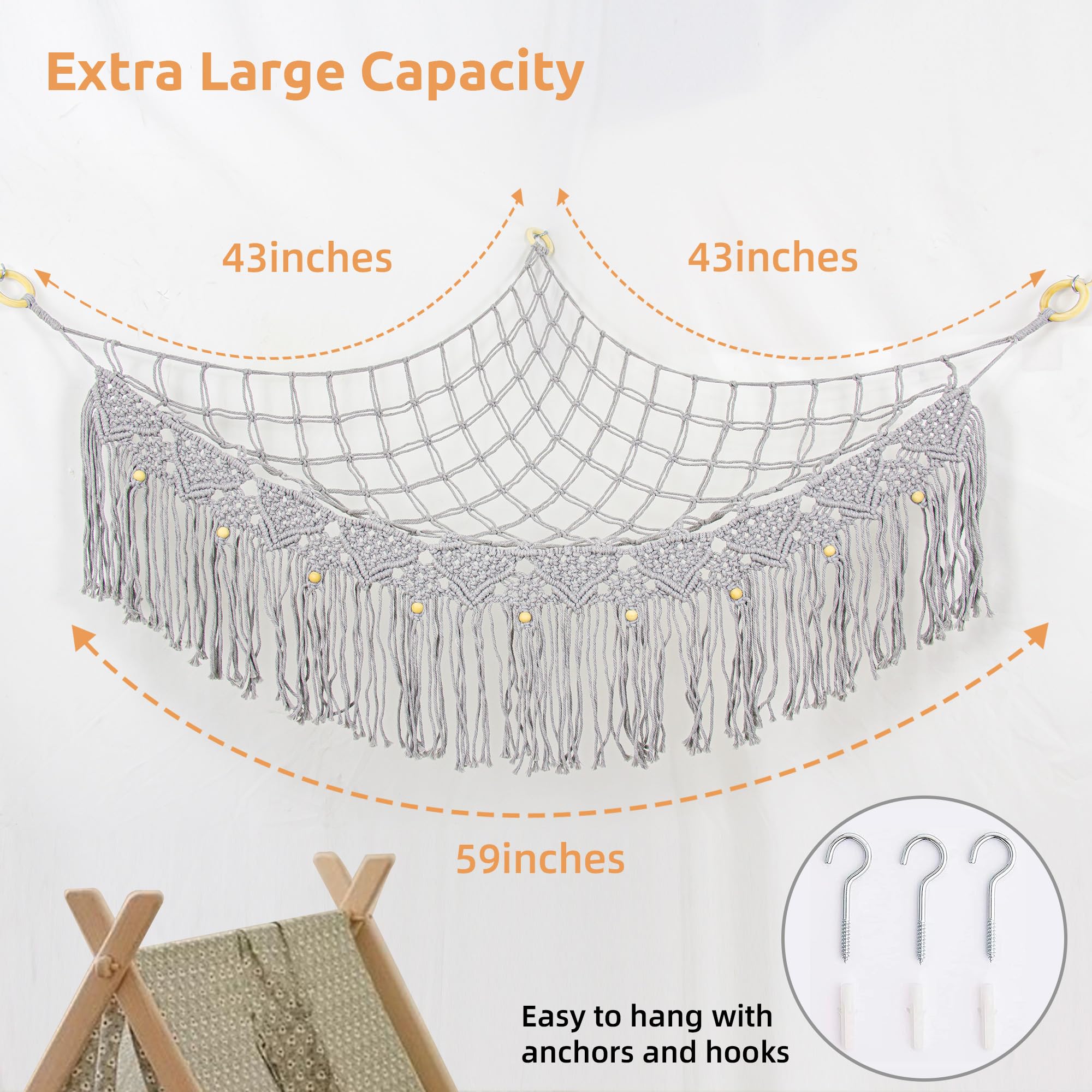FLOCNOKY boho nursery decor hammock elevates room style while keeping toys reachable.