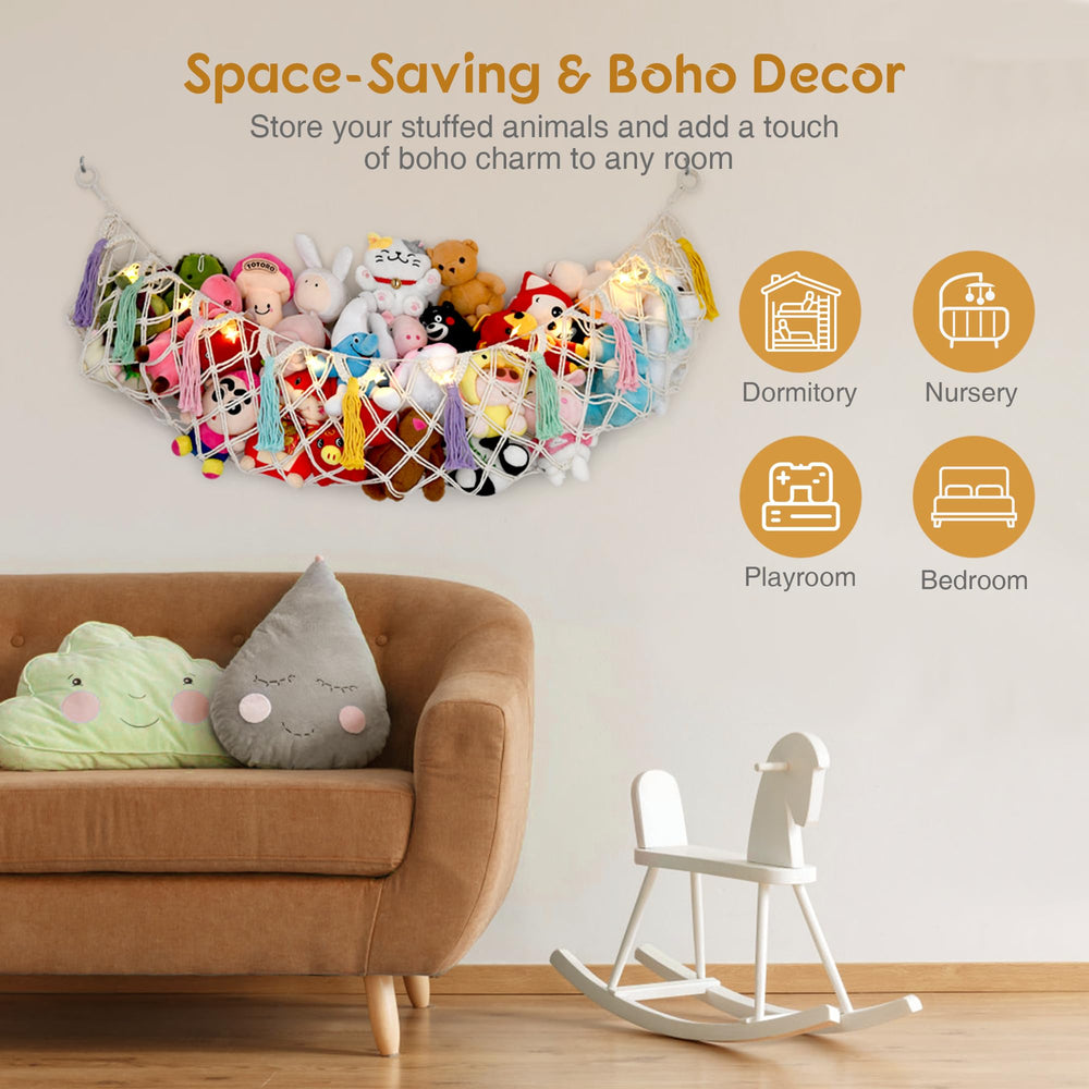 FLOCNOKY stuffed animal net star lights and rainbow sticker add cozy boho charm and tidiness