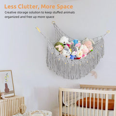 FLOCNOKY toy hammock handwoven cotton ropes add boho charm while organizing plushies.