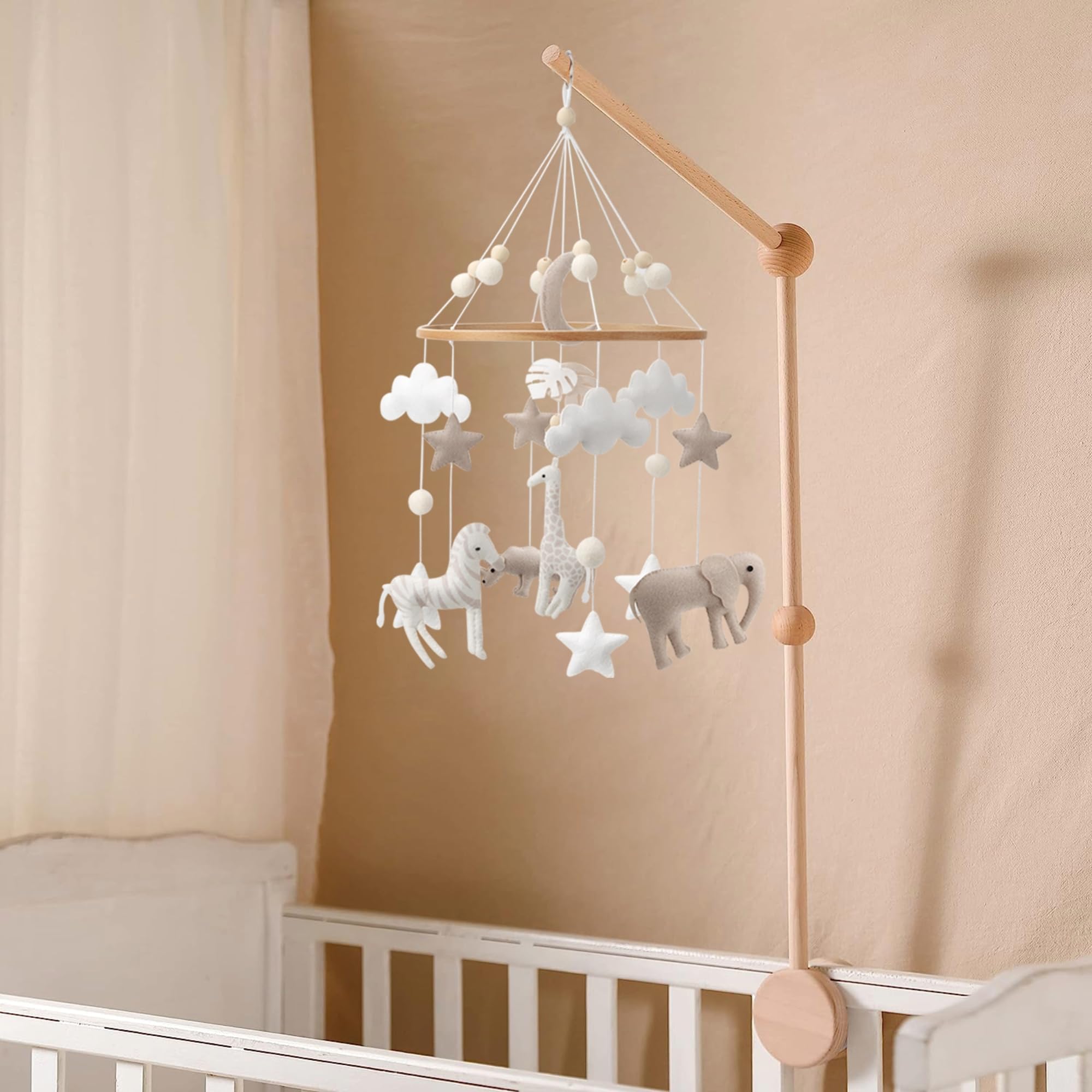 Flora & Ivy Safari Mobile for Crib Giraffe detail showcases neutral tones and hand stitching