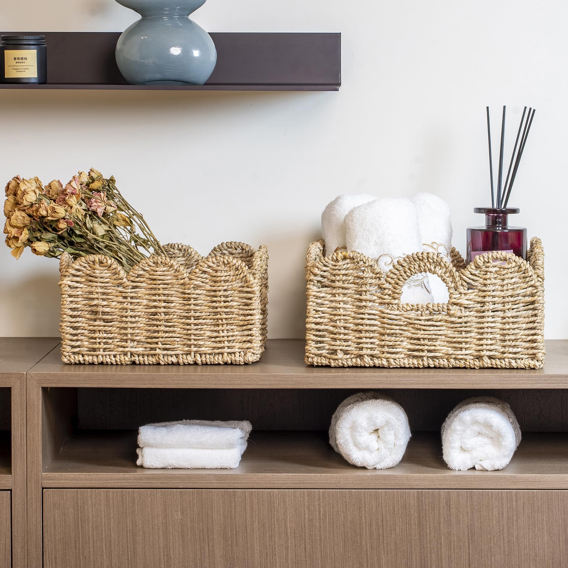 Floramill scalloped basket nursery usage demonstrates versatile toy and book storage