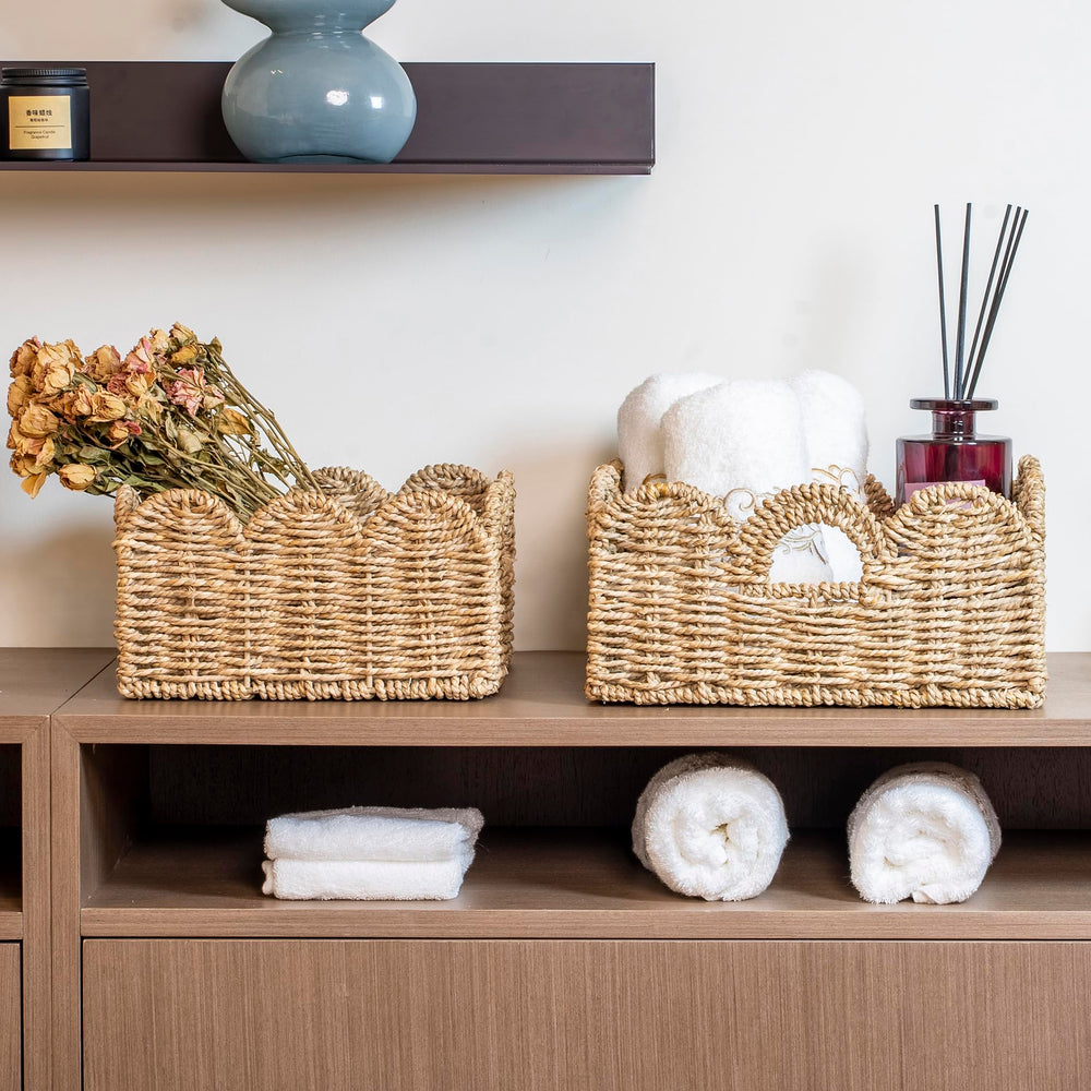 Floramill scalloped basket nursery usage demonstrates versatile toy and book storage