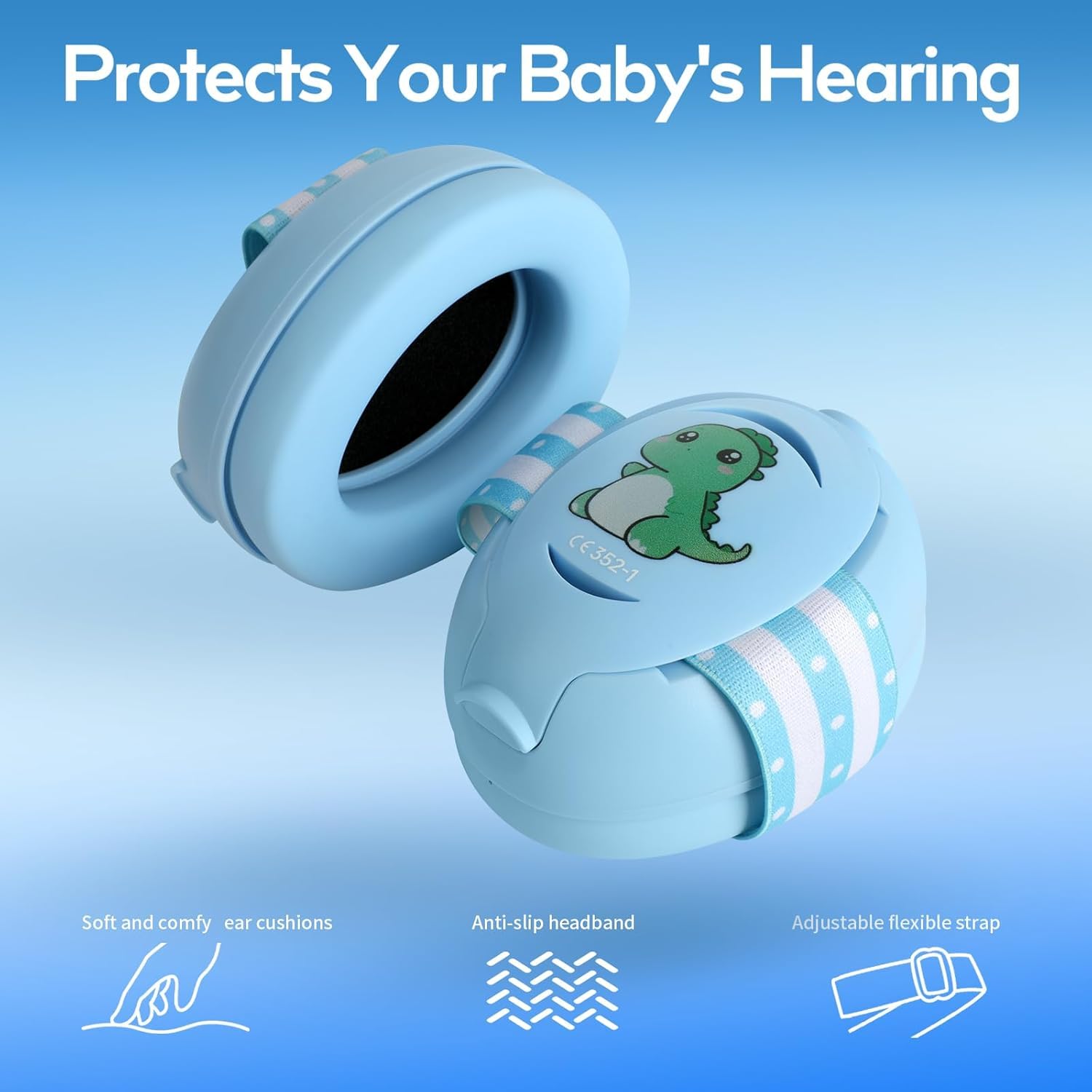 Floriogra baby earmuffs blue side view shows adjustable strap for secure fit.