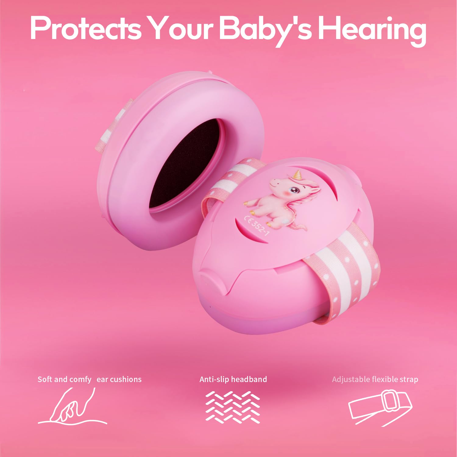 Floriogra baby headphones close-up shows soft PU padding for gentle comfort.
