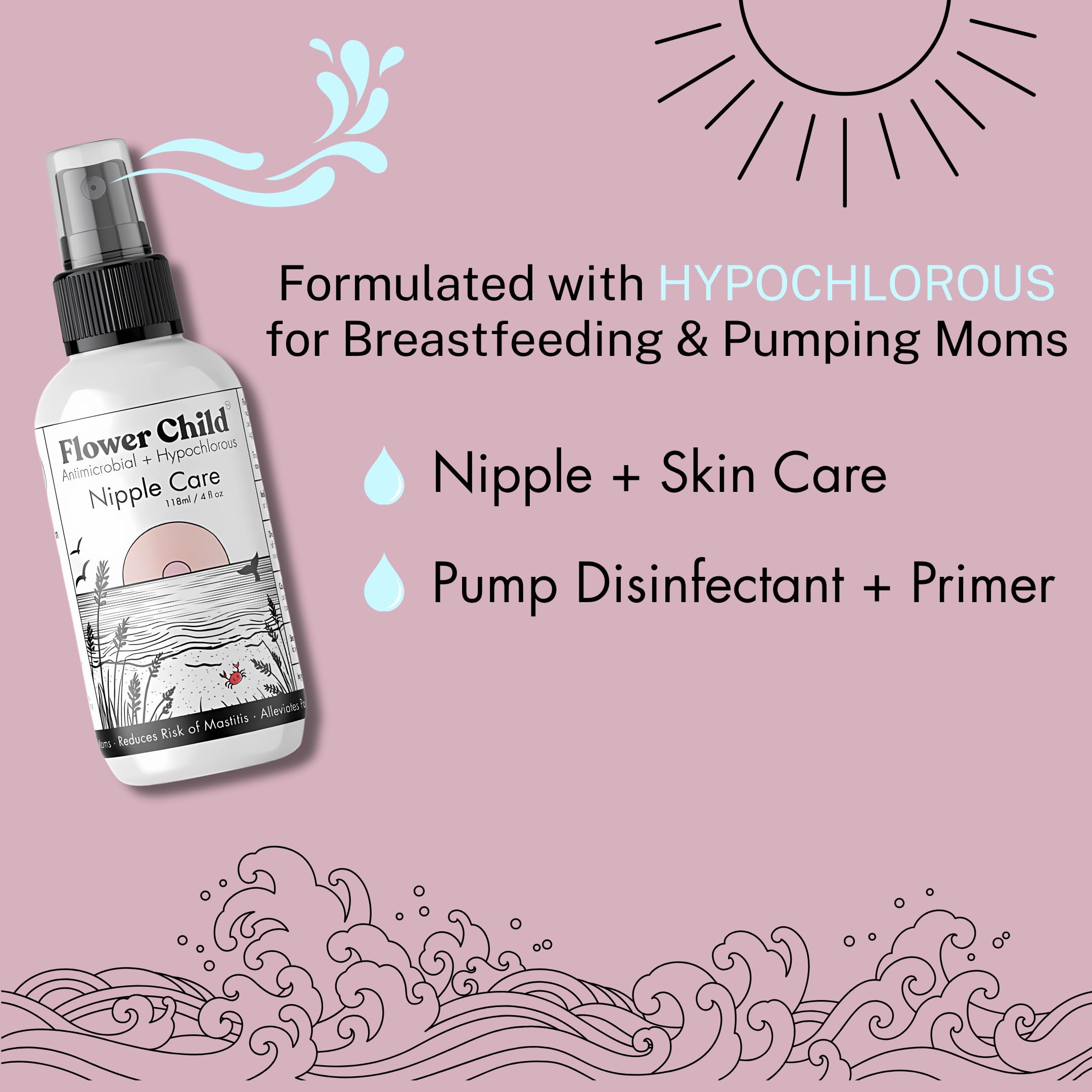 Flower Child nipple care application image highlighting hypochlorous spray soothing sensitive skin.