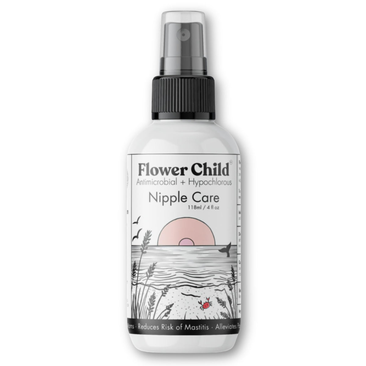 Flower Child Pumping Spray 4oz bottle close-up for hydrating nipple care during breastfeeding.