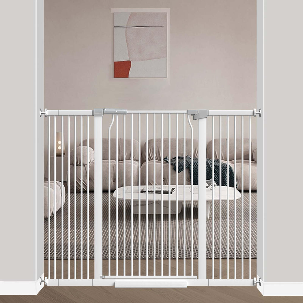 Flower Frail 40.5-inch extra tall gate assembly shows tool-free, no-drill installation.