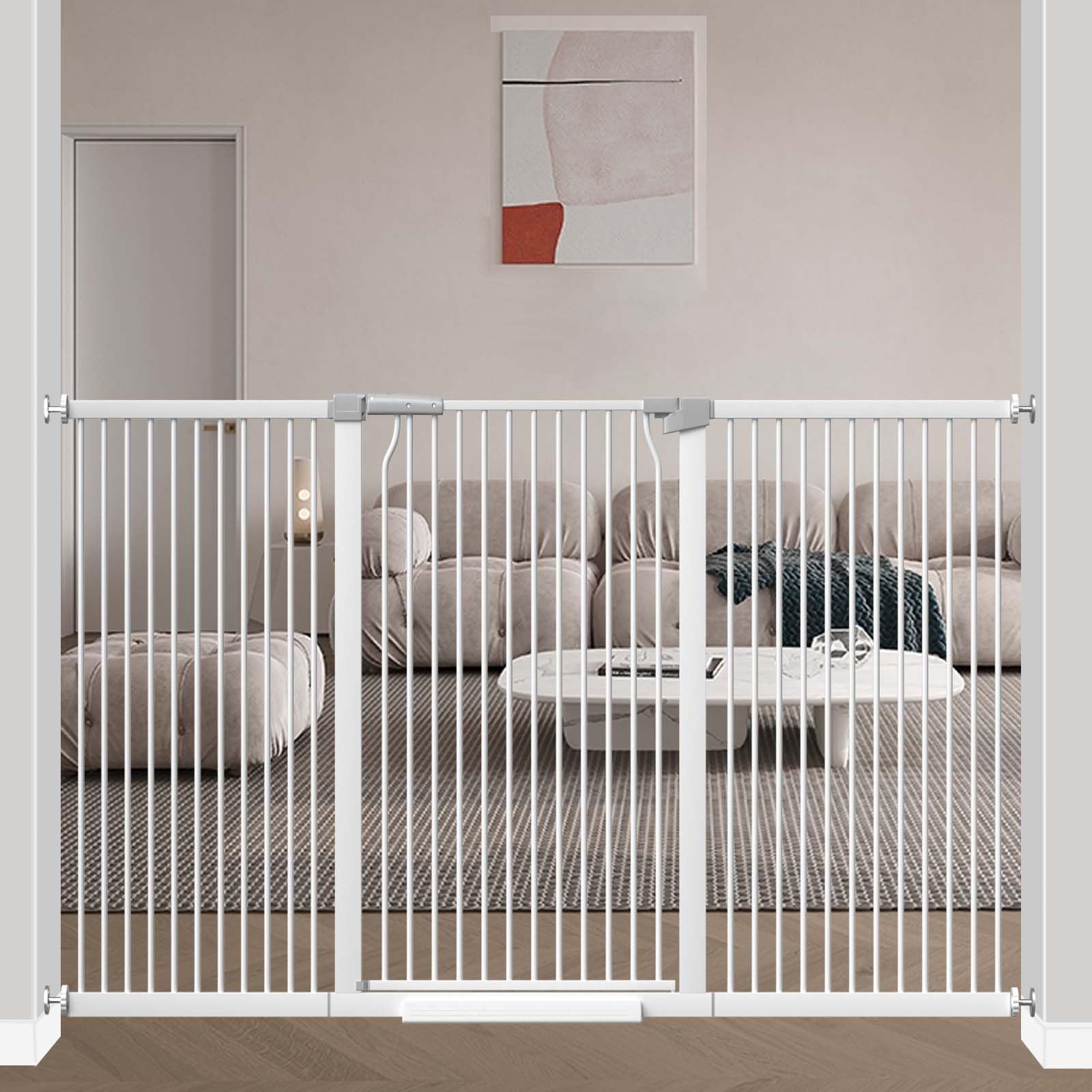 Flower Frail 40.5-inch extra tall gate blocks climbing at stairs.