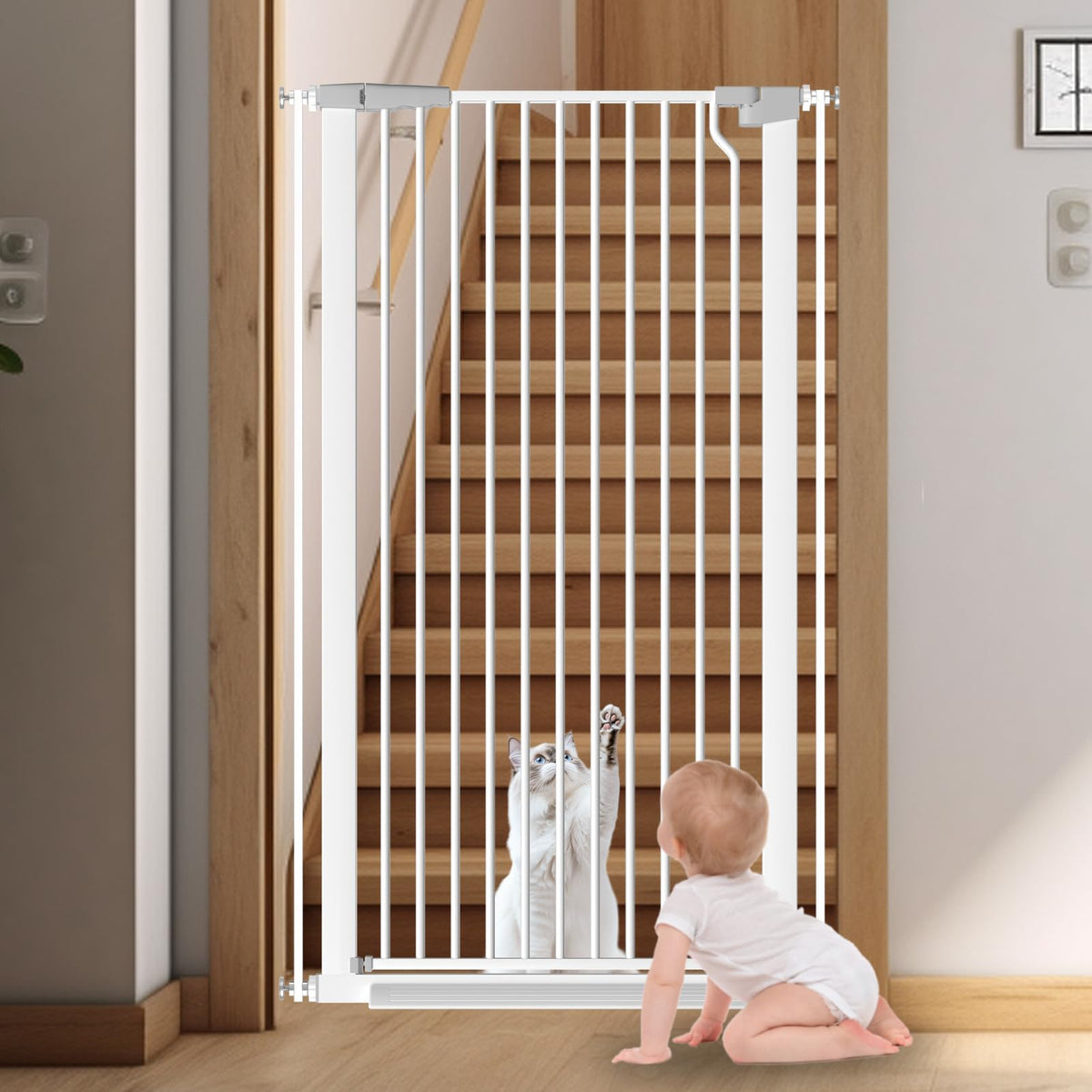 Flower Frail 51.18-inch extra tall cat gate in doorway with secure double-lock for escape prevention.