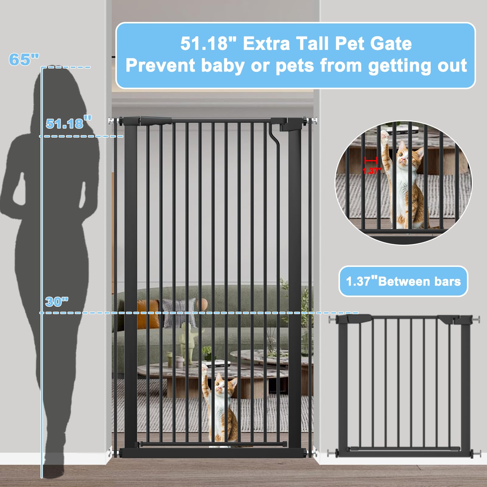 Flower Frail auto-close gate in use illustrates hands-free doorway protection.