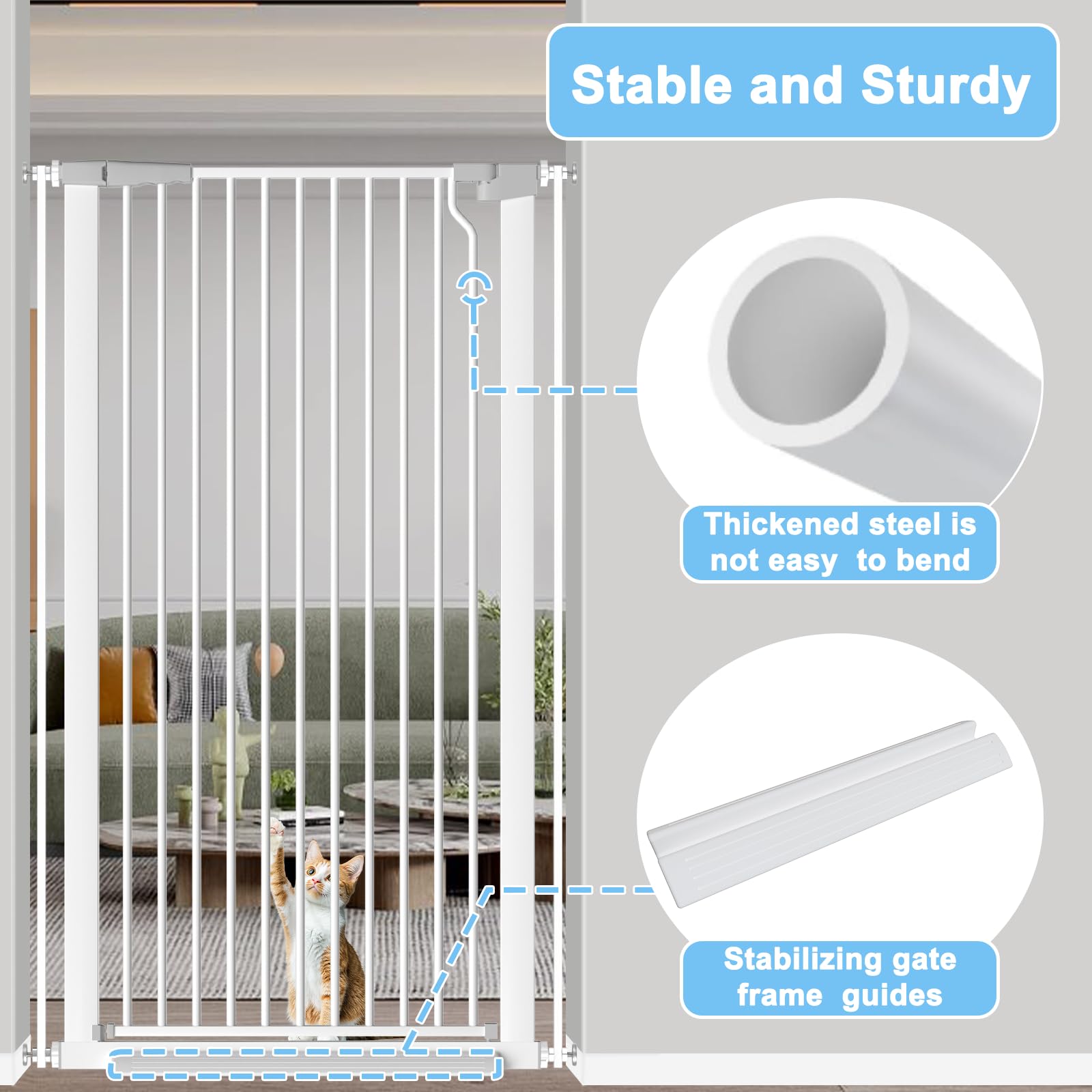 Flower Frail door gate shows double-lock safety release reduces accidental openings.