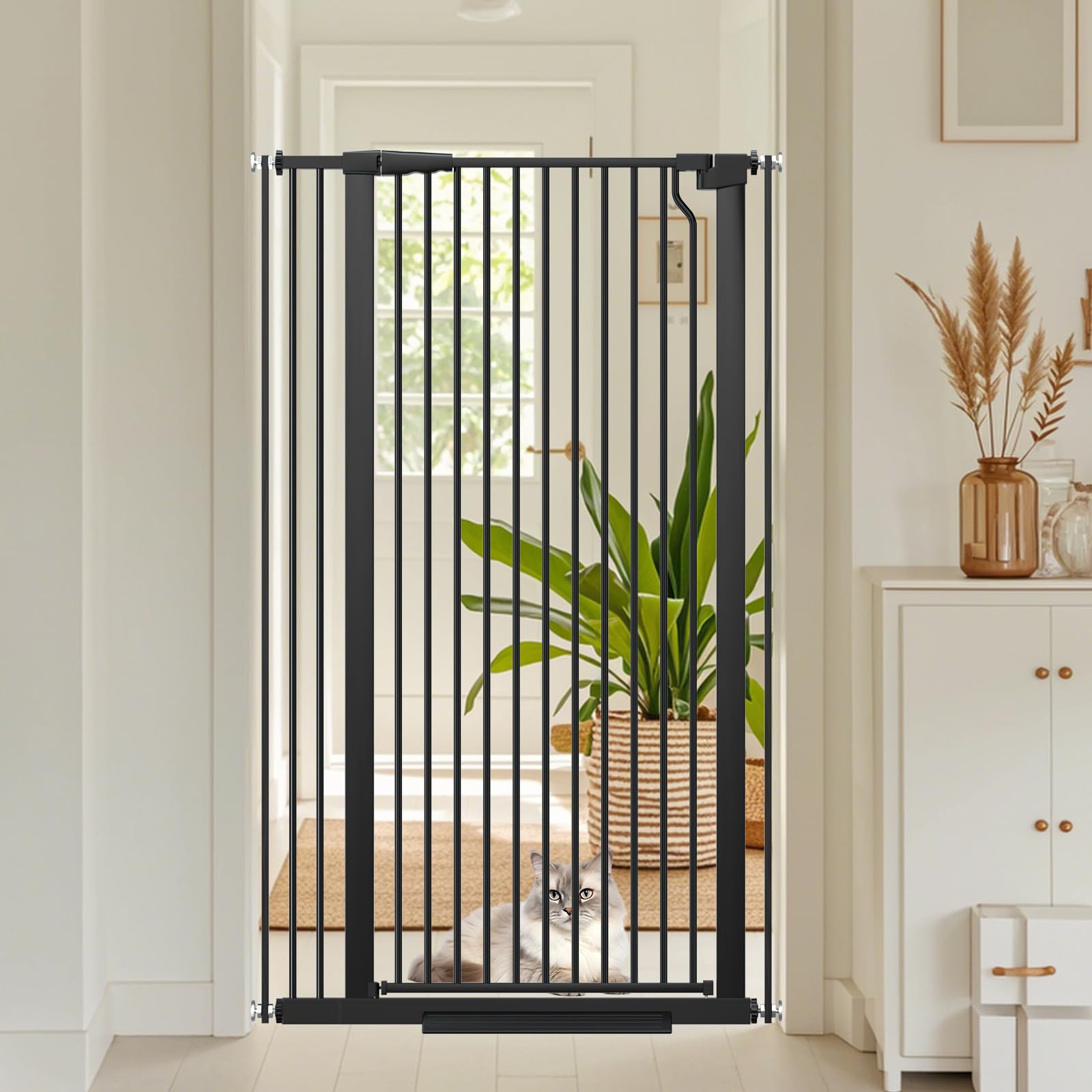 Flower Frail extra tall cat gate for doorway prevents escapes in busy hallways.