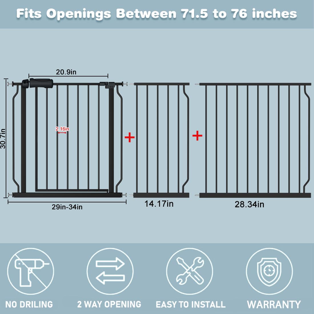 Flower Frail extra wide baby gate side view in black, sturdy hallway barrier