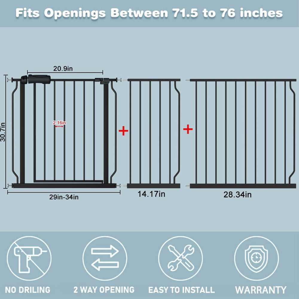 Flower Frail extra wide baby gate side view in black, sturdy hallway barrier