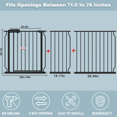 Flower Frail extra wide baby gate side view in black, sturdy hallway barrier