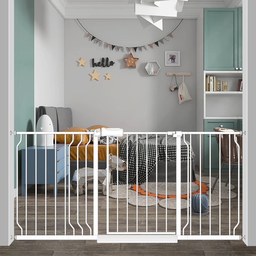 Flower Frail extra-wide baby gate on stairs shows safe setup for babies and pets