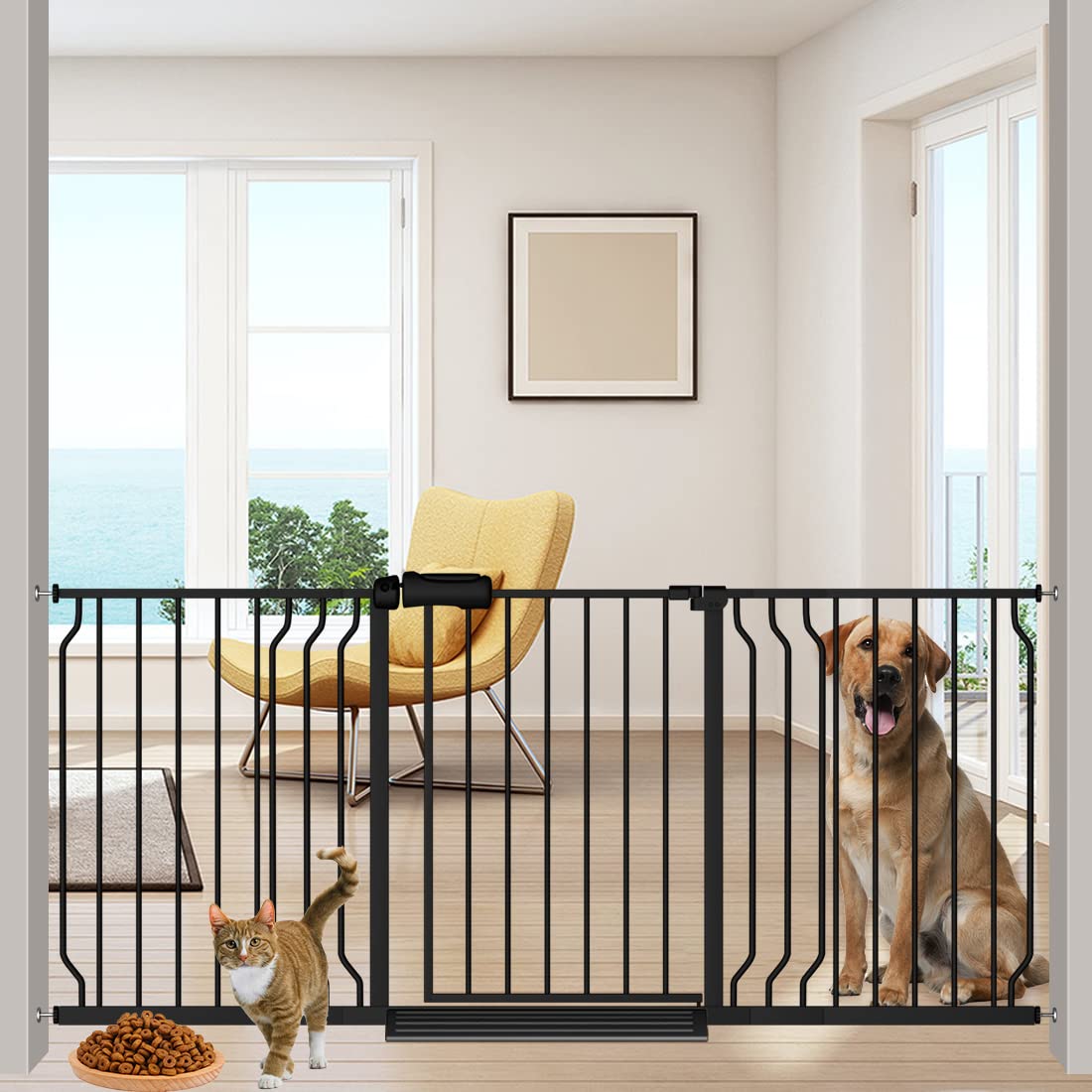 Flower Frail extra-wide walk-through gate keeps babies and pets safe in wide spaces.
