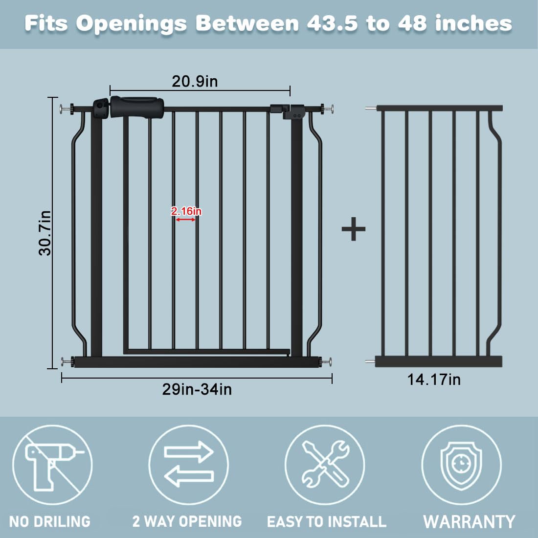 Flower Frail walk-through black baby gate side view—sturdy steel frame for durability.