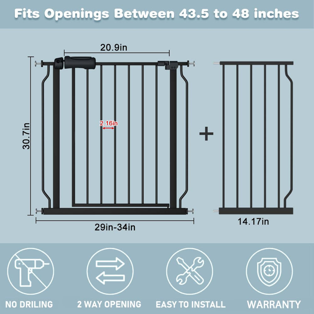 Flower Frail walk-through black baby gate side view—sturdy steel frame for durability.
