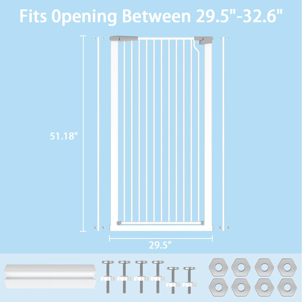 Flower Frail white metal gate design blends with decor and keeps pets contained.