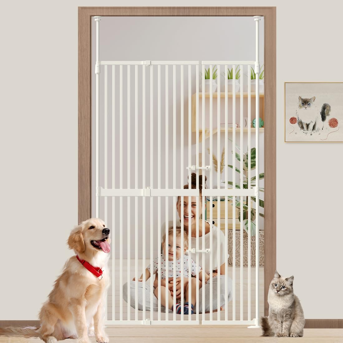 Flower Frail 71in extra tall cat gate for doorway prevents climbing and contains pets.
