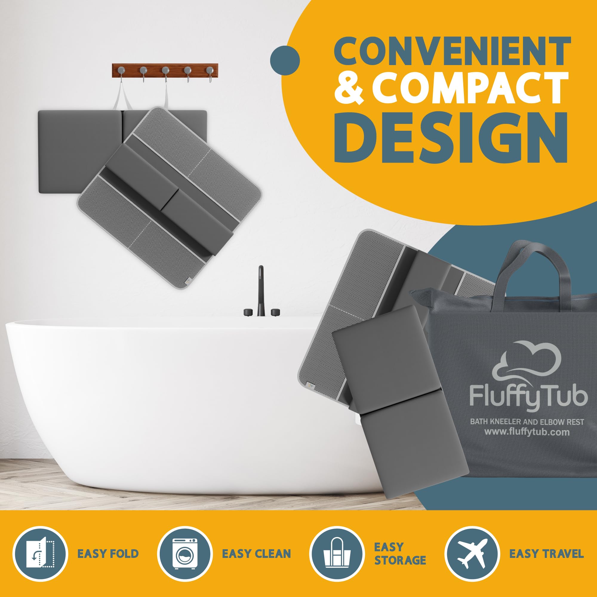 FluffyTub 2-inch thick memory foam cushions knees and elbows for comfortable baths.