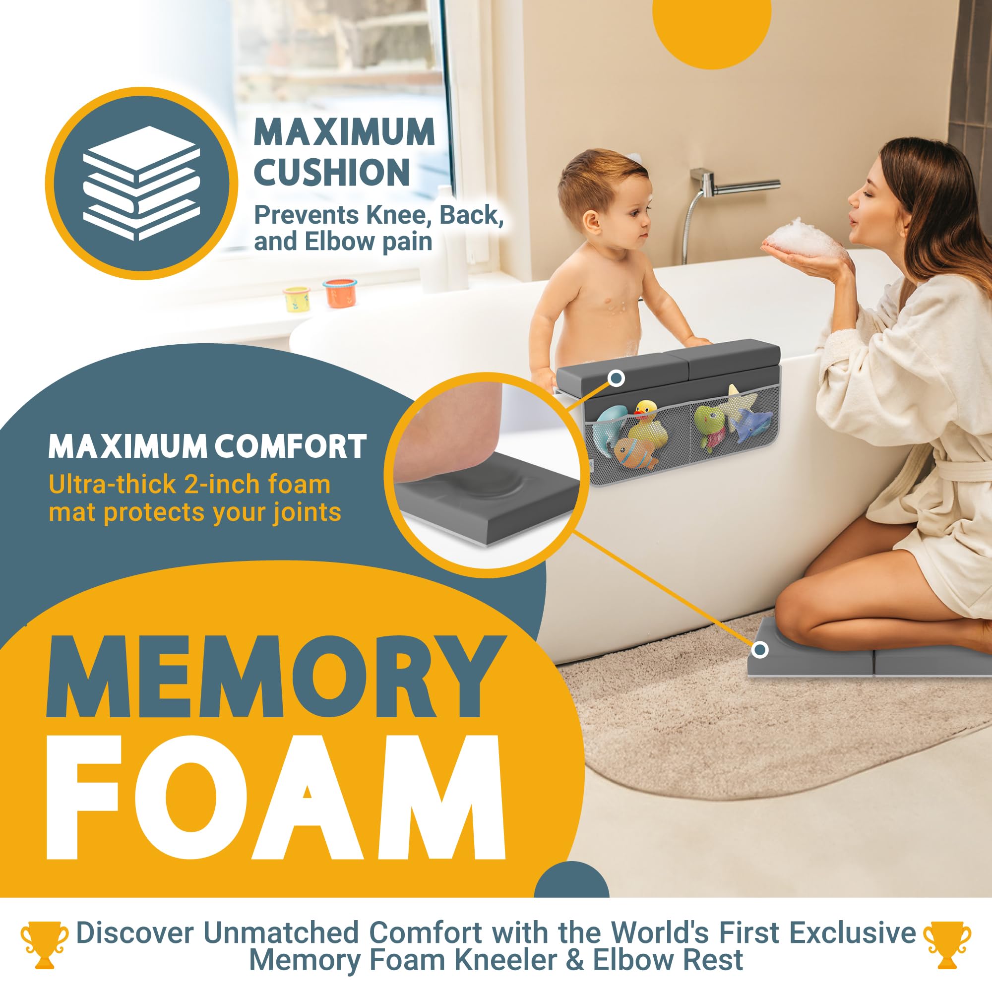 FluffyTub elbow rest pad memory foam cushions elbows for comfortable, relaxed bathtime.
