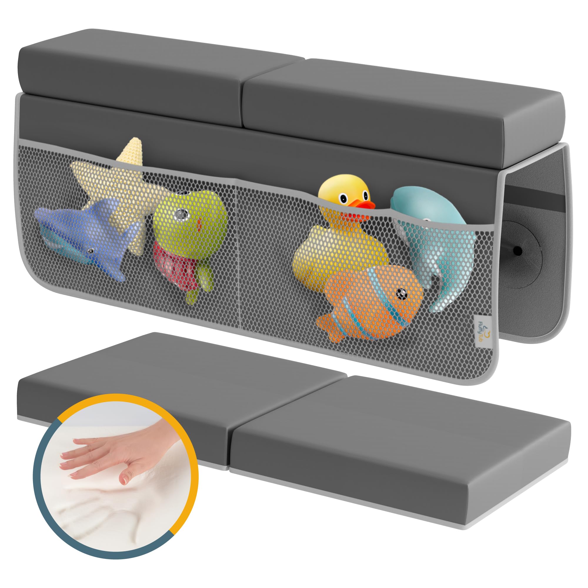 FluffyTub machine-washable cover makes cleaning easy after busy bath times.