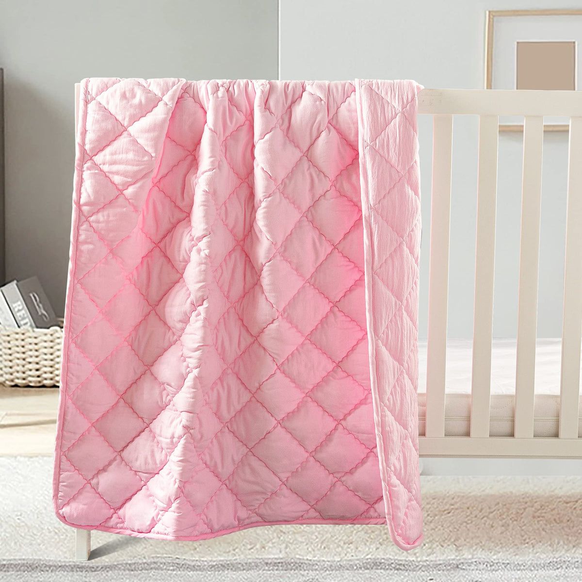 FLXXIE Toddler Comforter pink front view shows lightweight, cozy warmth for naps.