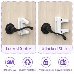 Flyaway adhesive 3M door lock highlights tool-free installation on any smooth door surface