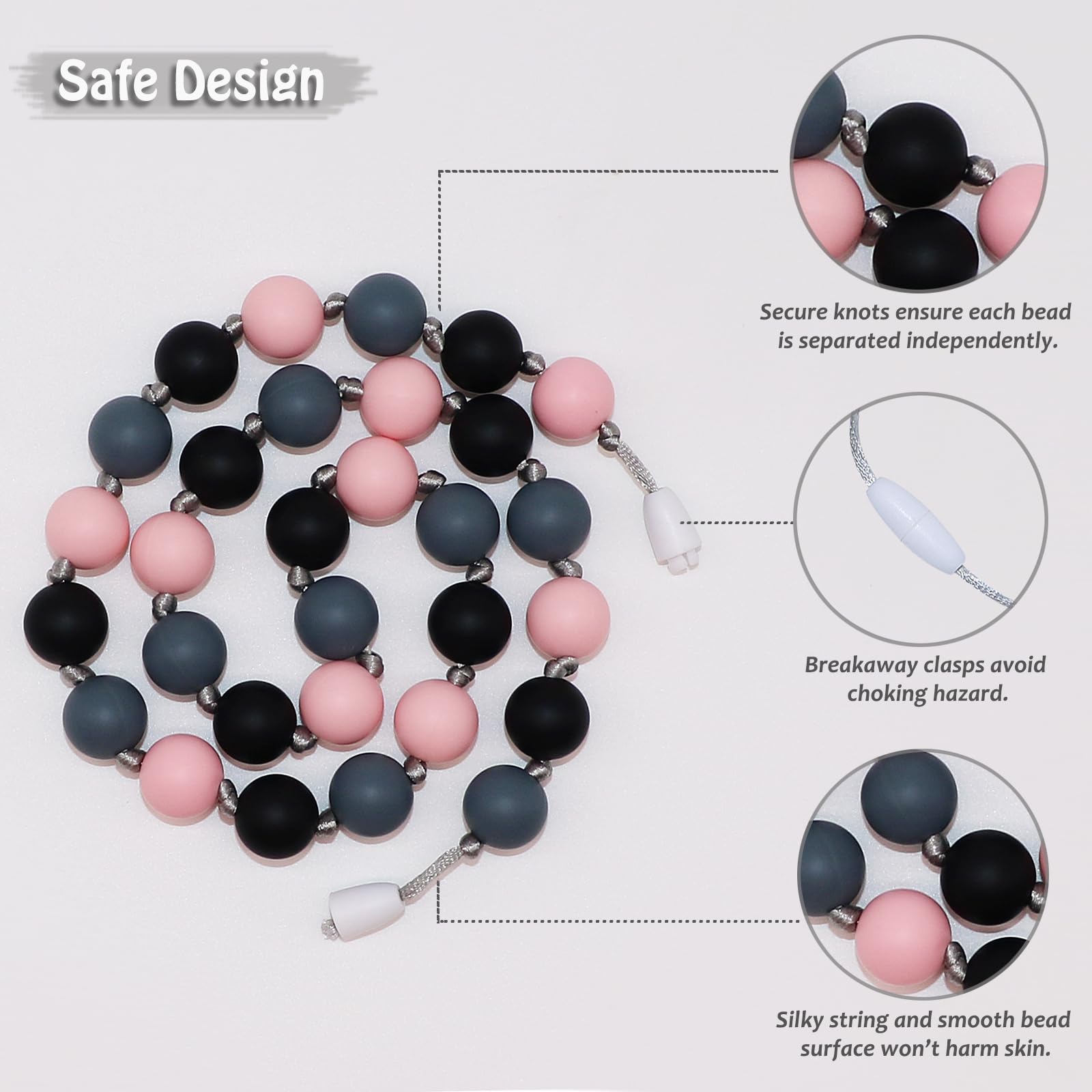 Flyaway chew necklaces shown with cleaning essentials, highlighting easy soap-and-water cleanup.
