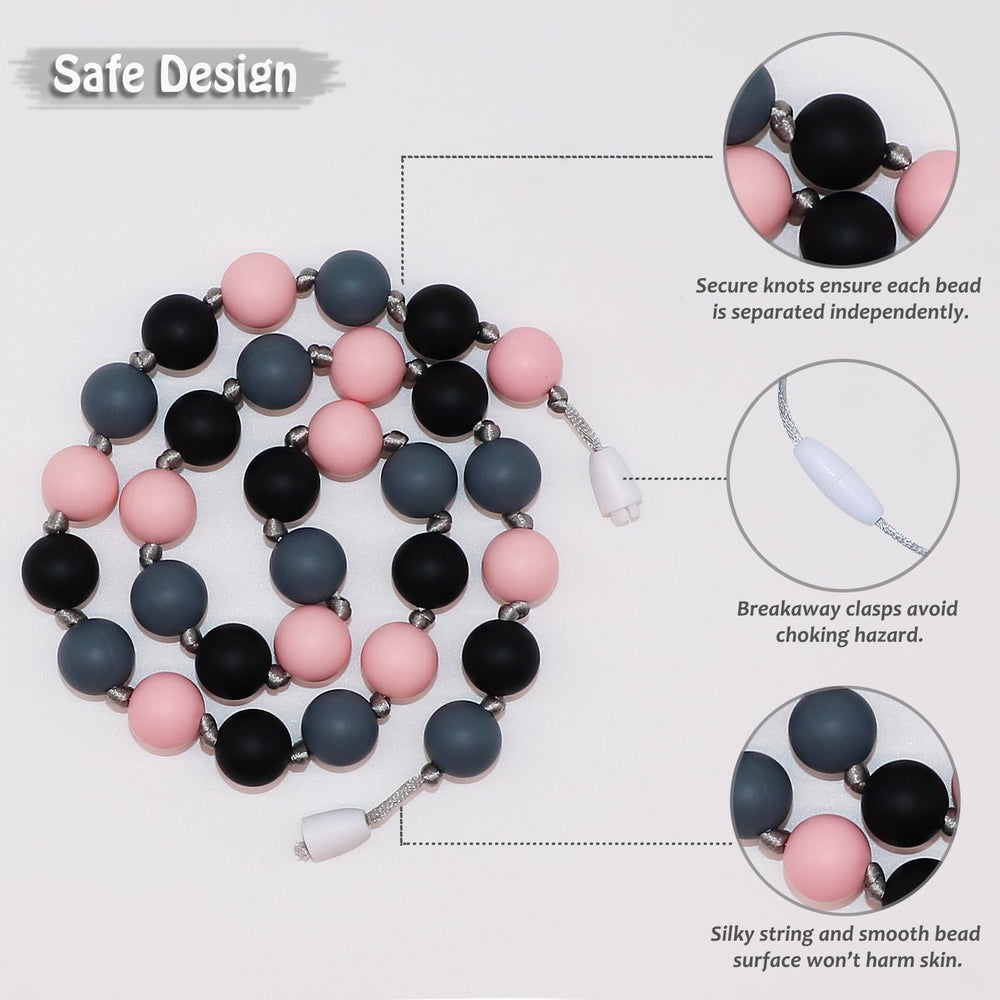 Flyaway chew necklaces shown with cleaning essentials, highlighting easy soap-and-water cleanup.