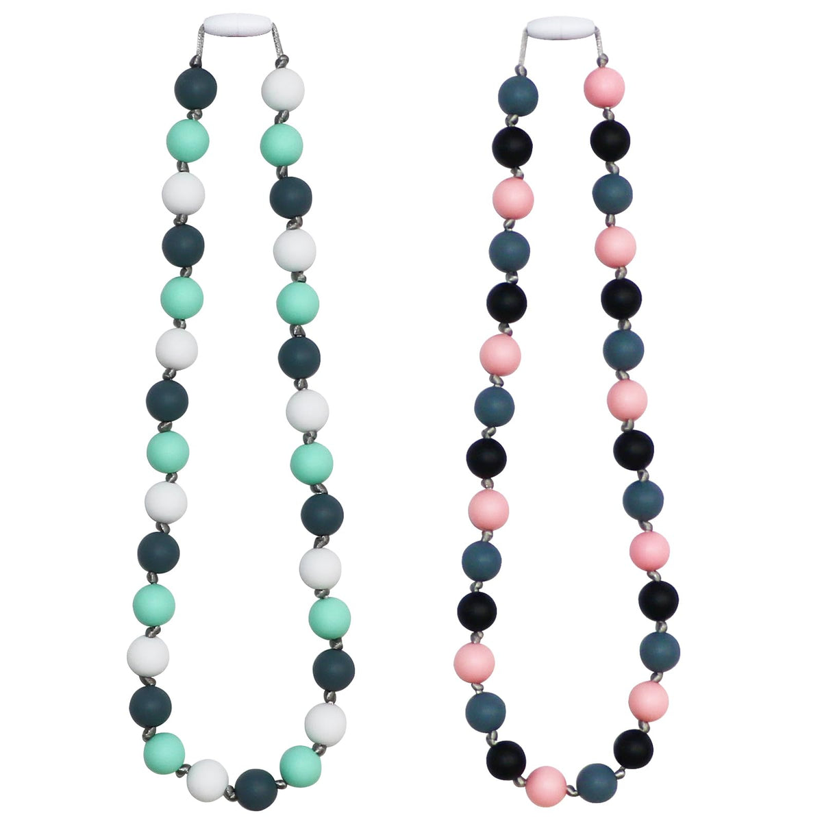 Flyaway chew necklaces displaying safe material, soft silicone beads for sensory comfort and focus.