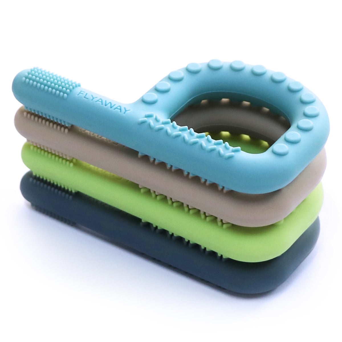 Flyaway P-Shape sensory teething toys held securely for tiny hands.