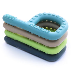 Flyaway P-Shape sensory teething toys held securely for tiny hands.