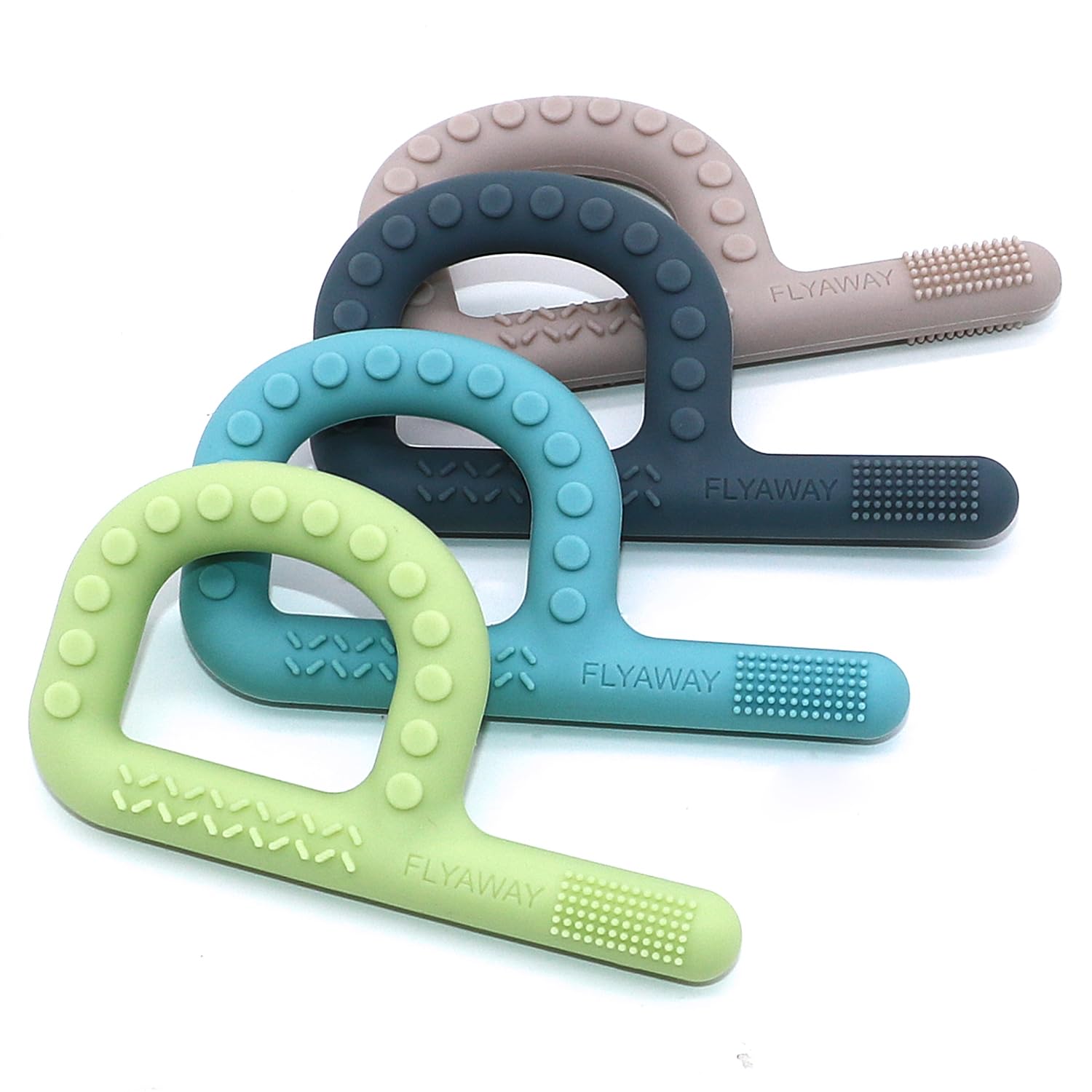 Flyaway sensory teething toys show three textures for calming exploration.