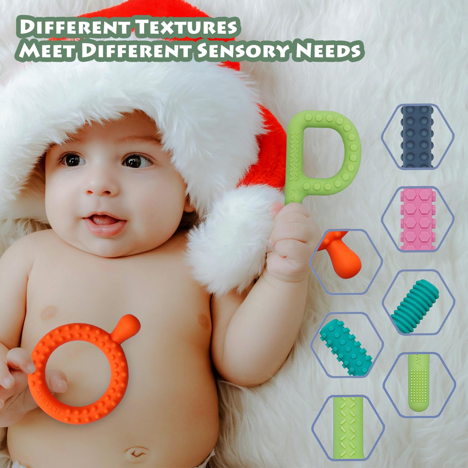 Flyaway silicone teether easy-clean surface dishwasher-safe