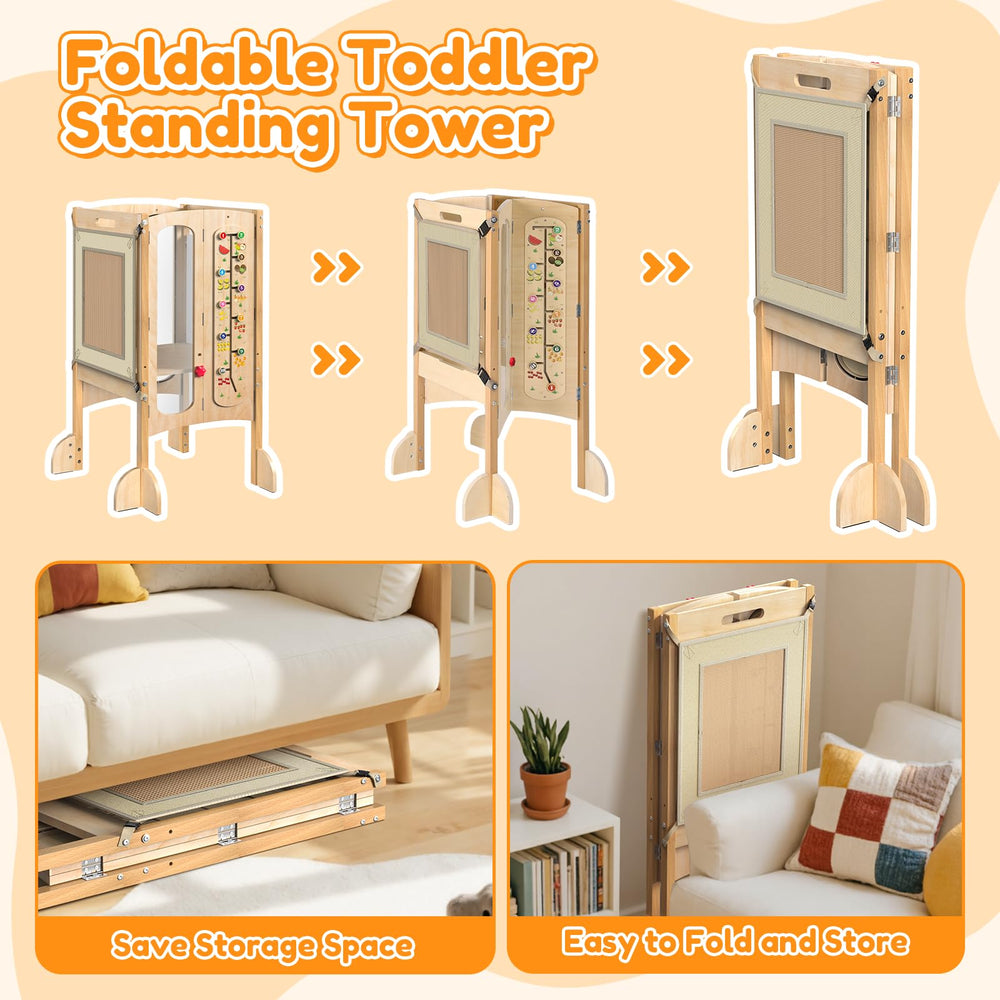 FlyingBoom foldable toddler tower assembly steps shown for simple setup.
