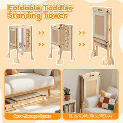 FlyingBoom foldable toddler tower assembly steps shown for simple setup.