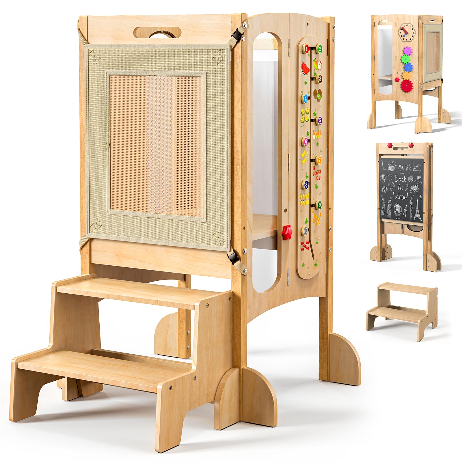 FlyingBoom foldable toddler tower folded compact for space saving and quick access.