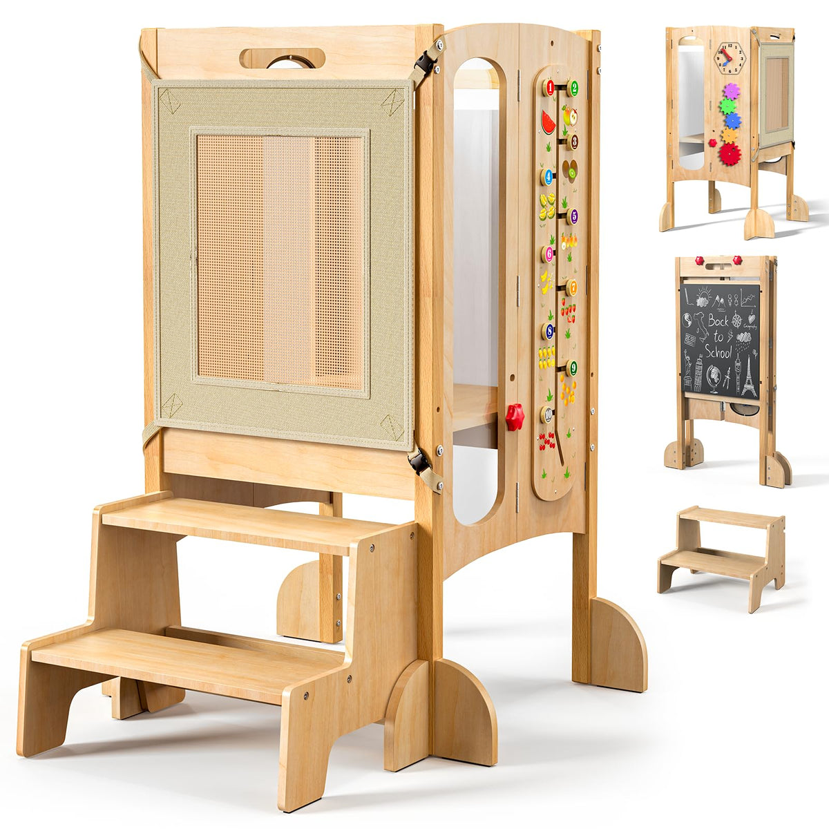 FlyingBoom foldable toddler tower folded compact for space saving and quick access.