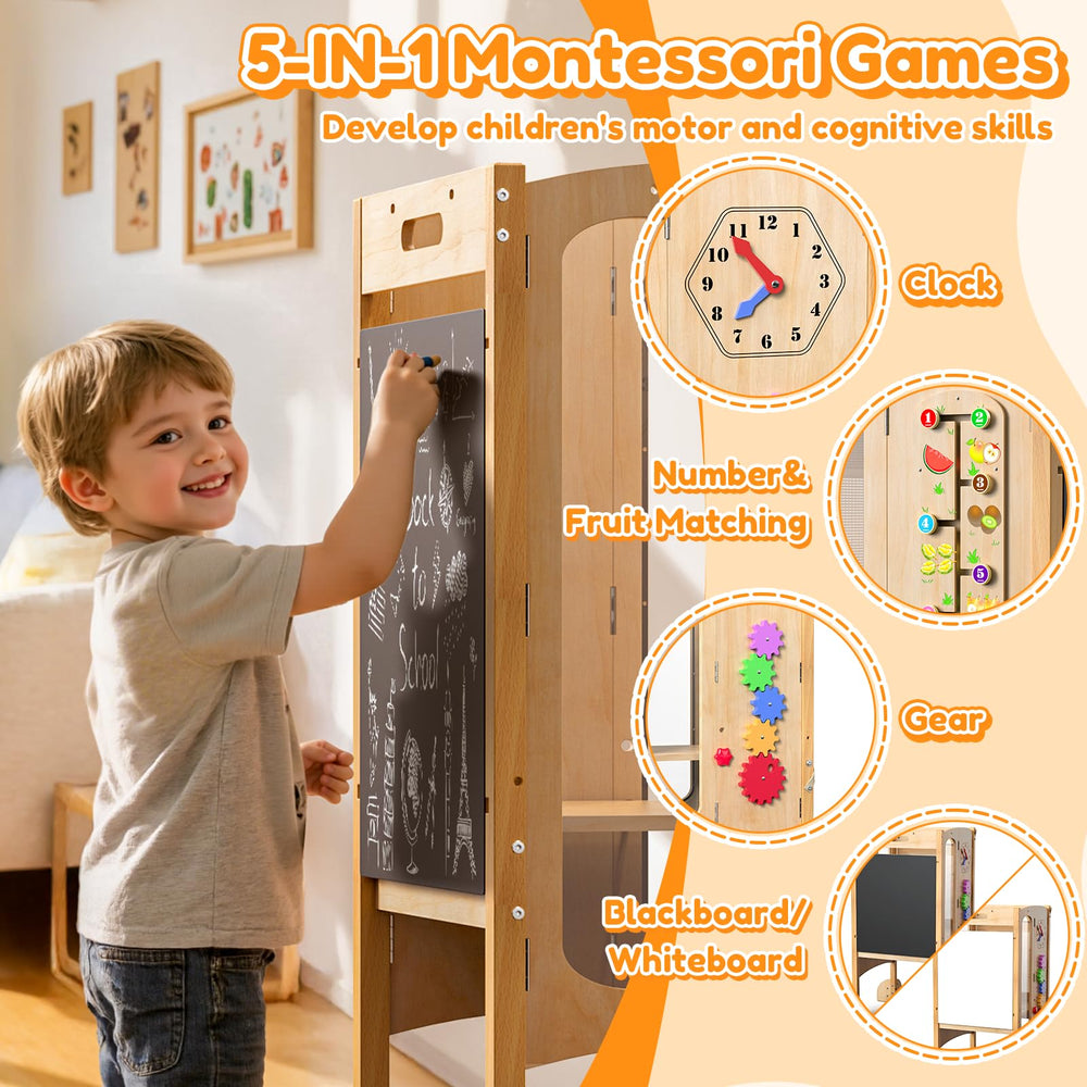 FlyingBoom Montessori activities chalkboard highlight interactive learning features.
